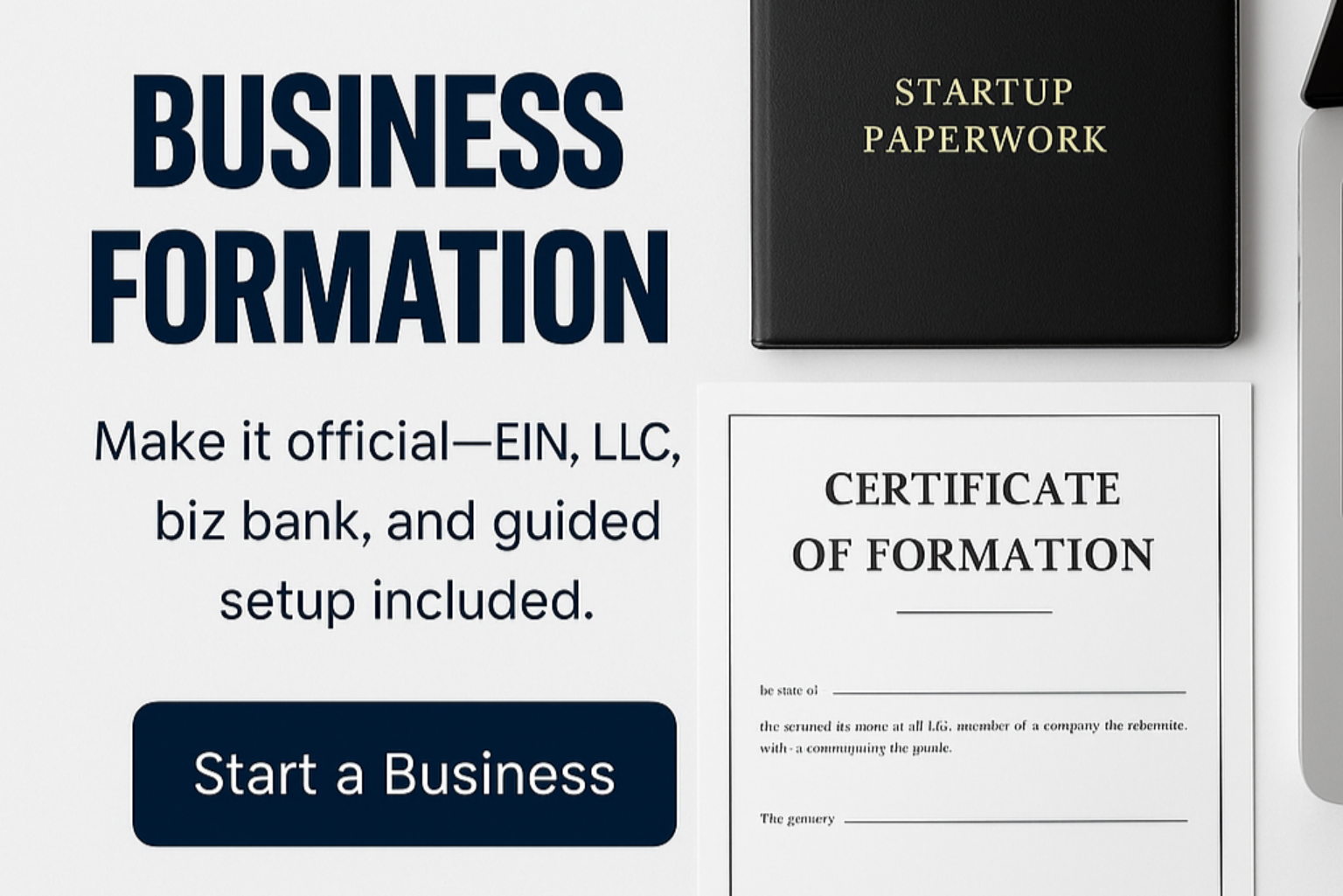 Startup paperwork with a certificate of formation on a white background