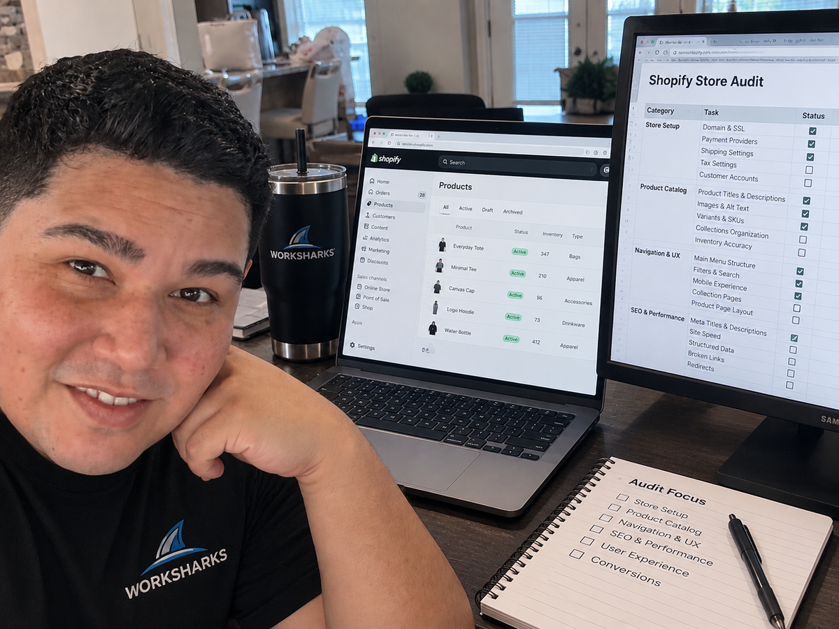 A woman wearing a black Worksharks t-shirt sits at a desk with two laptops displaying Shopify audit reports, a black tumbler with the Worksharks logo, and an audit focus notebook. 