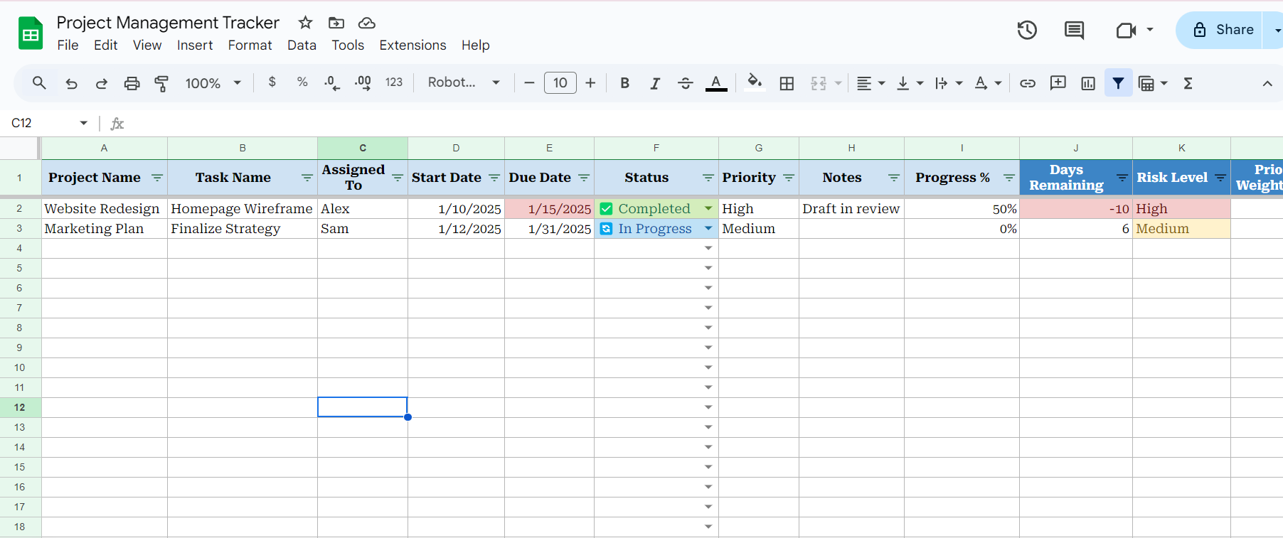 Project Management Tracker - Google Sheets