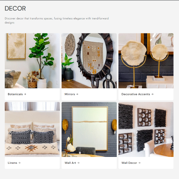 Decor category page with various home decor items on a website.