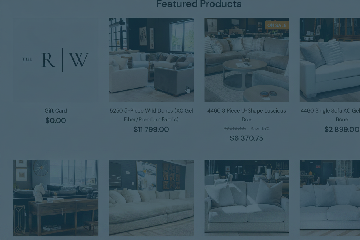 Online furniture store page with featured products including sofas and chairs.