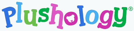 Colorful 'Plushology' logo with a registered trademark symbol on a white background