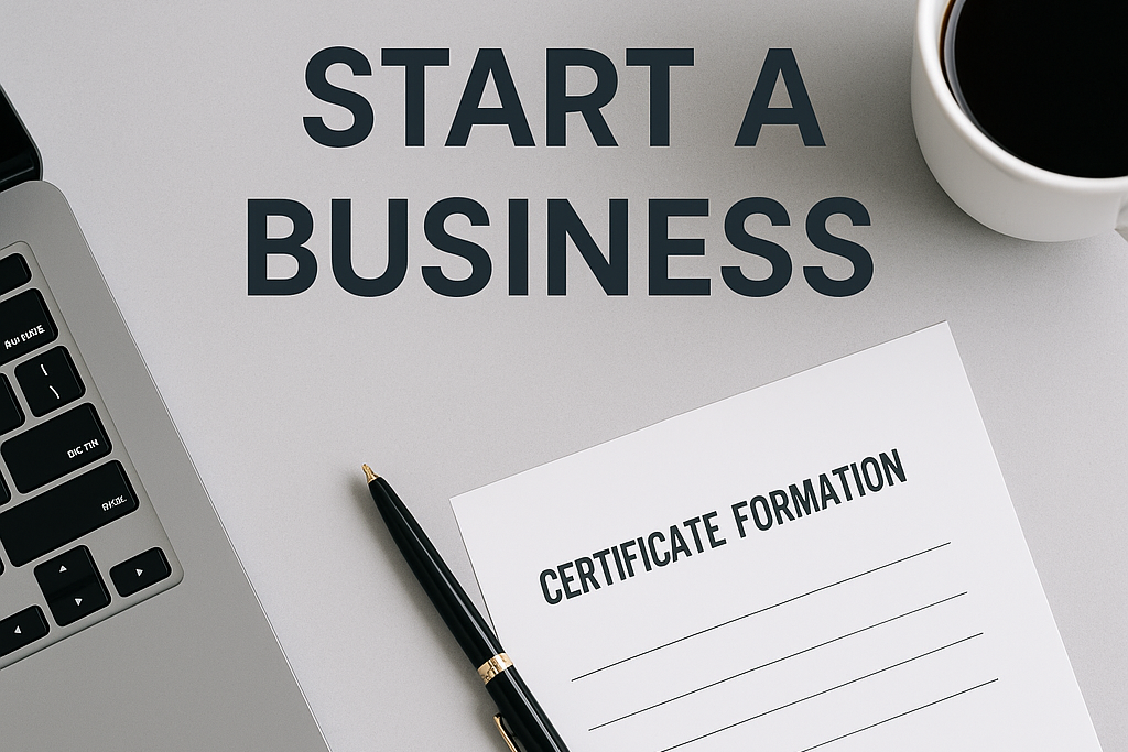 Laptop, pen, and certificate formation document on a light gray surface with 'Start a Business' text.