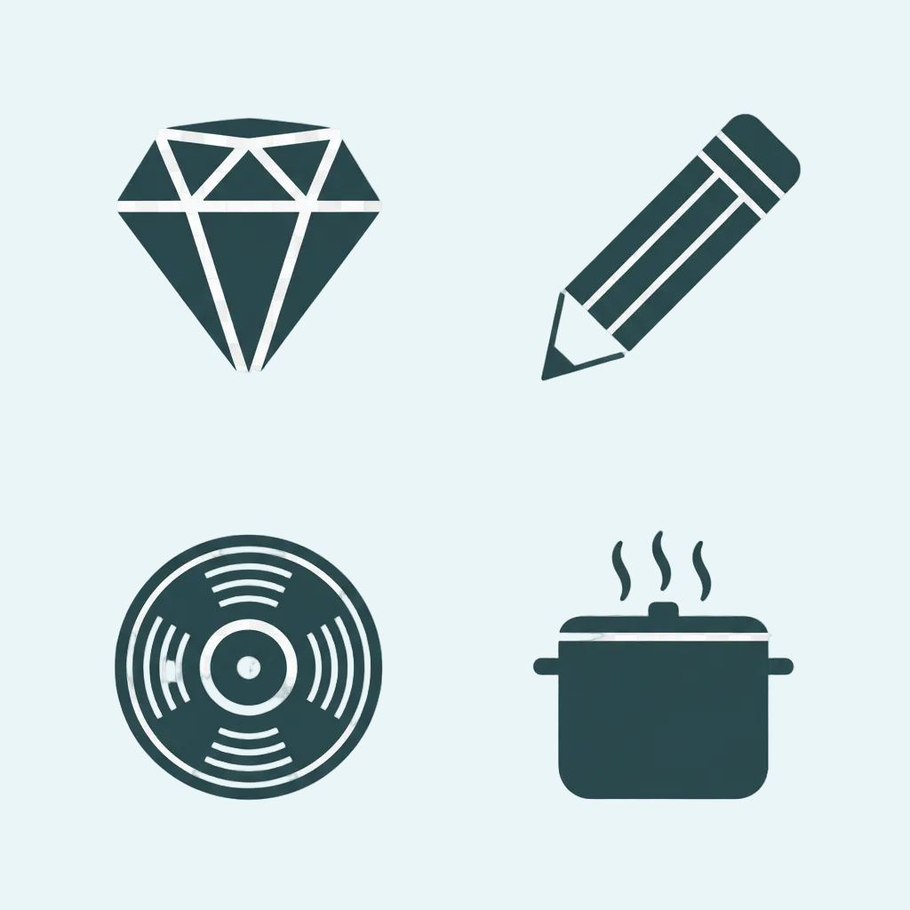 Set of icons including a rocket, a light bulb, a gear, and a shield on a white background.